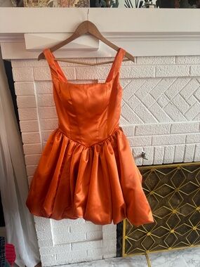 Satin Orange Corset Mini Dress with Square Neck, and bubble skirt
